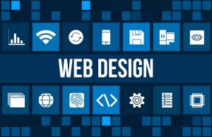 Web Design concept image with technology icons and copyspace