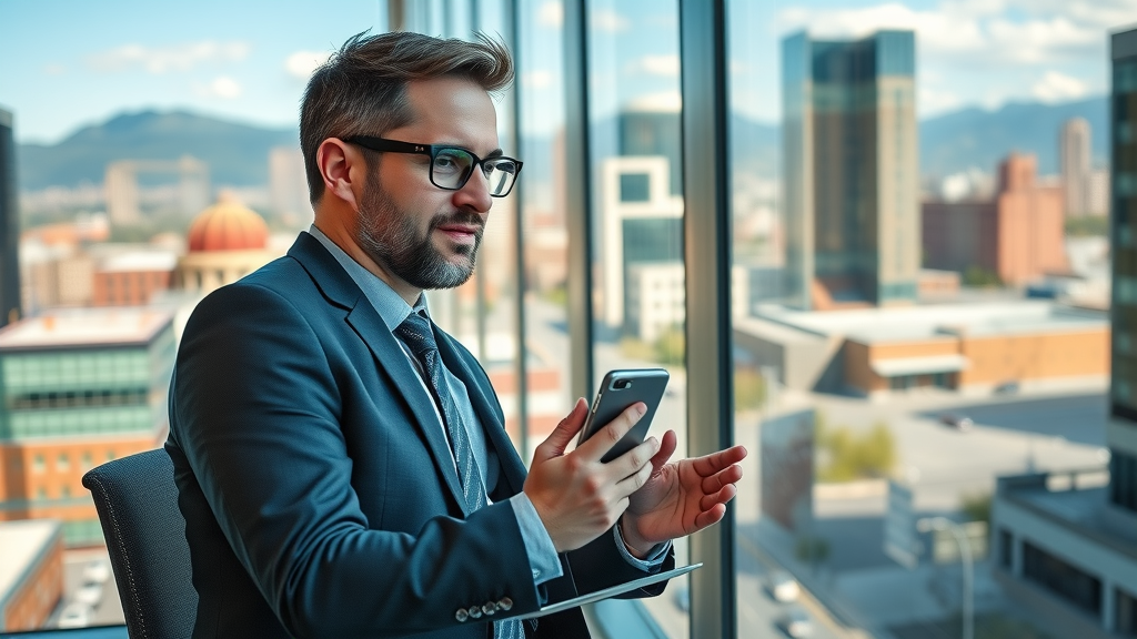 Confident businessperson leveraging online marketing in Colorado with city and mountains view