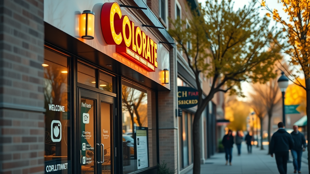 Vibrant Colorado storefront showcasing online marketing icons in digital glow