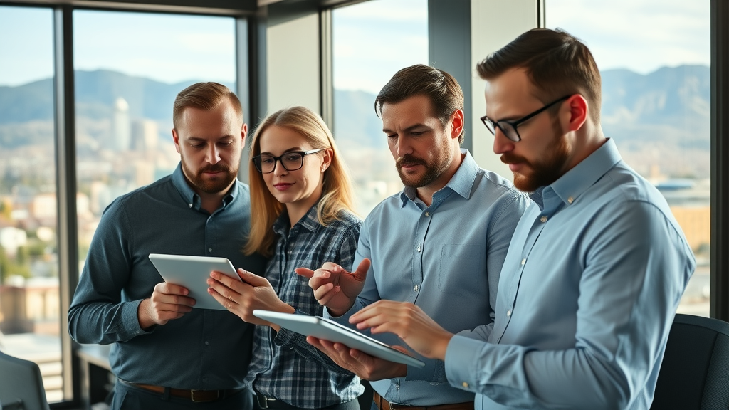 Focused marketing team in a Denver office, analyzing mobile marketing campaign data, digital marketing strategy