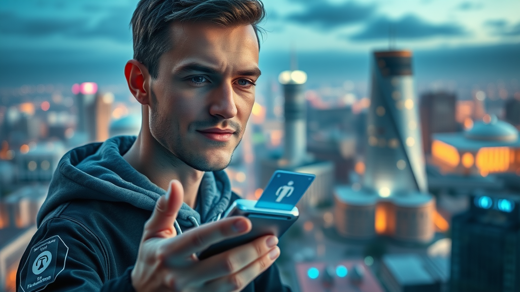 Futuristic mobile device interface with AI assistant and voice command features, Denver city center, digital marketing trends