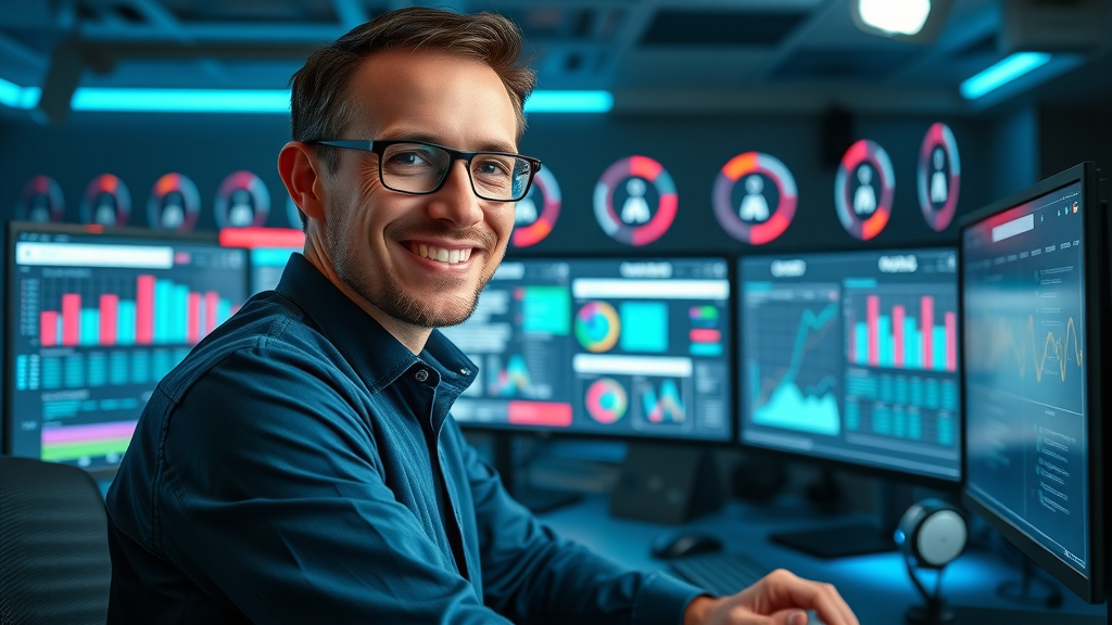 tech-savvy business manager setting up workflow automations for 2025 digital marketing trends in a futuristic operations room