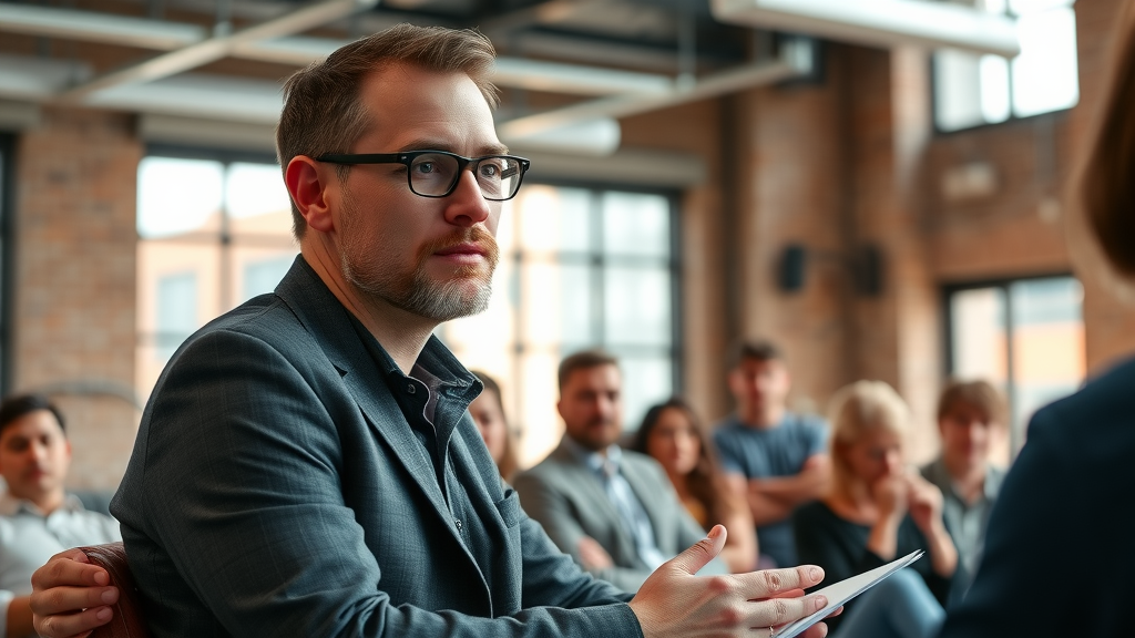 confident local entrepreneur speaking at a panel discussion on 2025 digital marketing trends, symbolizing expert opinion and guidance