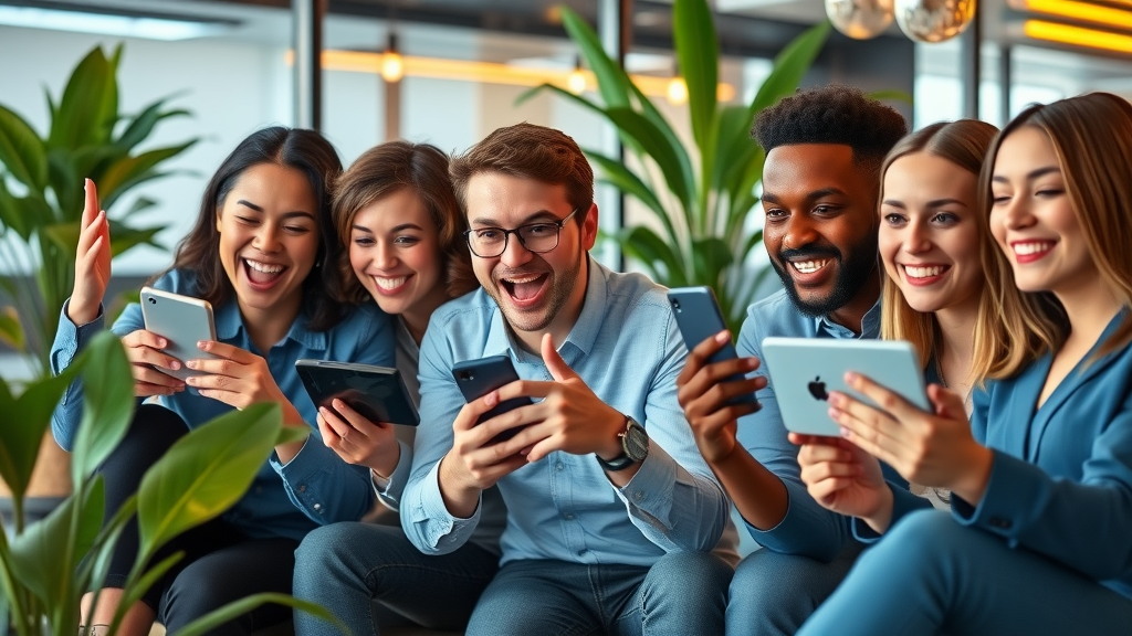young diverse business team watching short-form video content, symbolizing social media marketing trends for local businesses in 2025