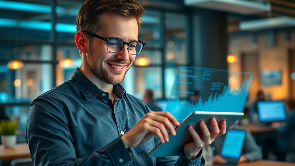 Professional marketer reviewing tablet with real-time analytics dashboard, analyzing mobile marketing campaign results in Denver