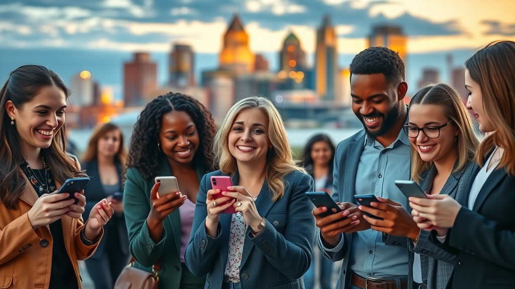 Vibrant Denver cityscape at dusk, diverse professionals looking at smartphones, digital marketing, city skyline, Denver