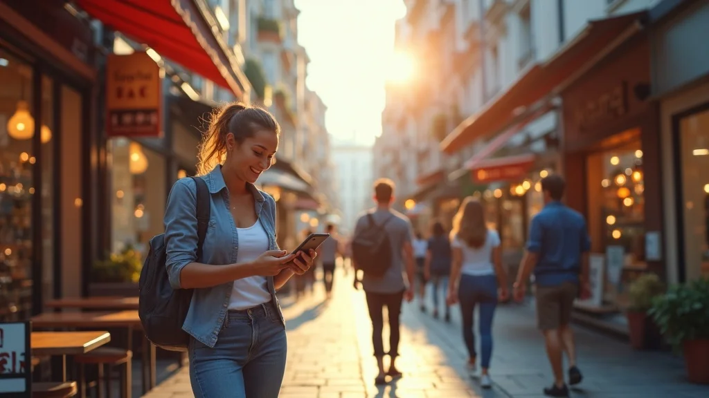 Vibrant city street with local businesses and digital AI search overlays, showing people engaging with devices and storefronts for ai mode in google search for local business