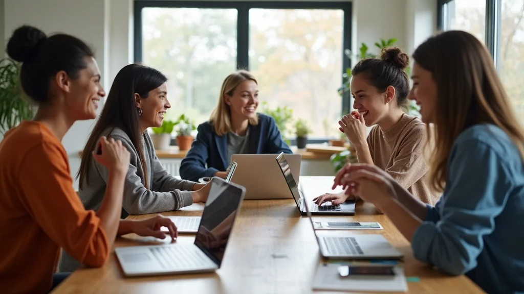 Optimistic local business team collaborating on AI optimization for google search, working together in a modern workspace