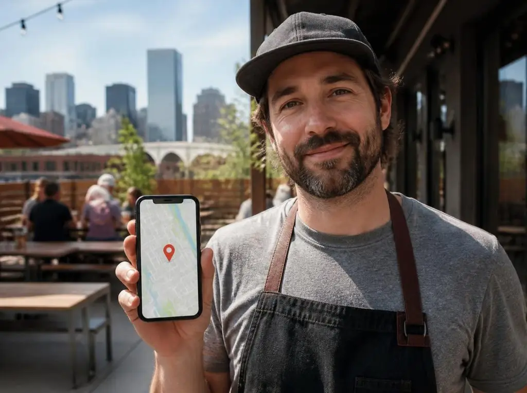 Denver business owner holding phone with local map pin