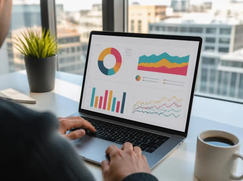 Marketer reviewing SEO analytics dashboard on a laptop