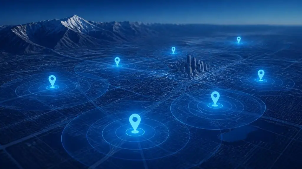 Map pins with proximity rings across the Denver metro showing how Google Maps local rankings change with searcher distance