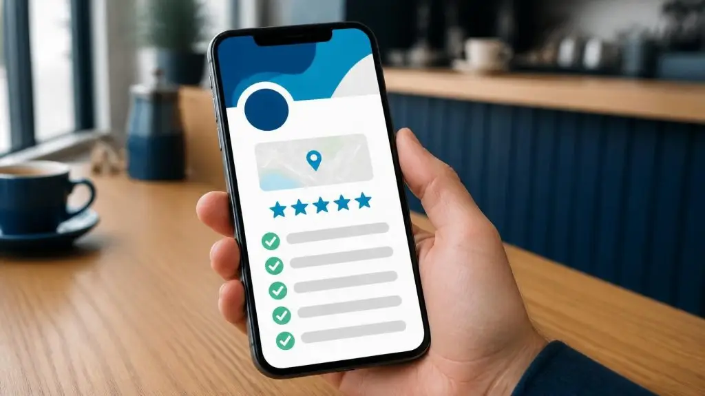 Phone showing a Google Business Profile with five-star reviews and a completed Google Maps troubleshooting checklist