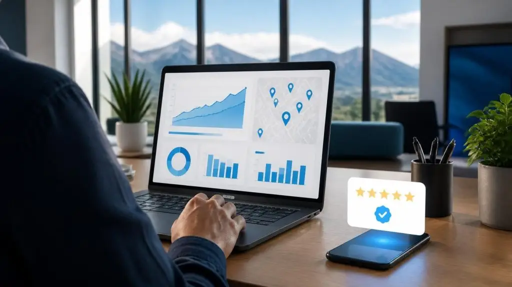 Local SEO specialist fixing a Google Maps listing with a marketing dashboard and a verified five-star review notification