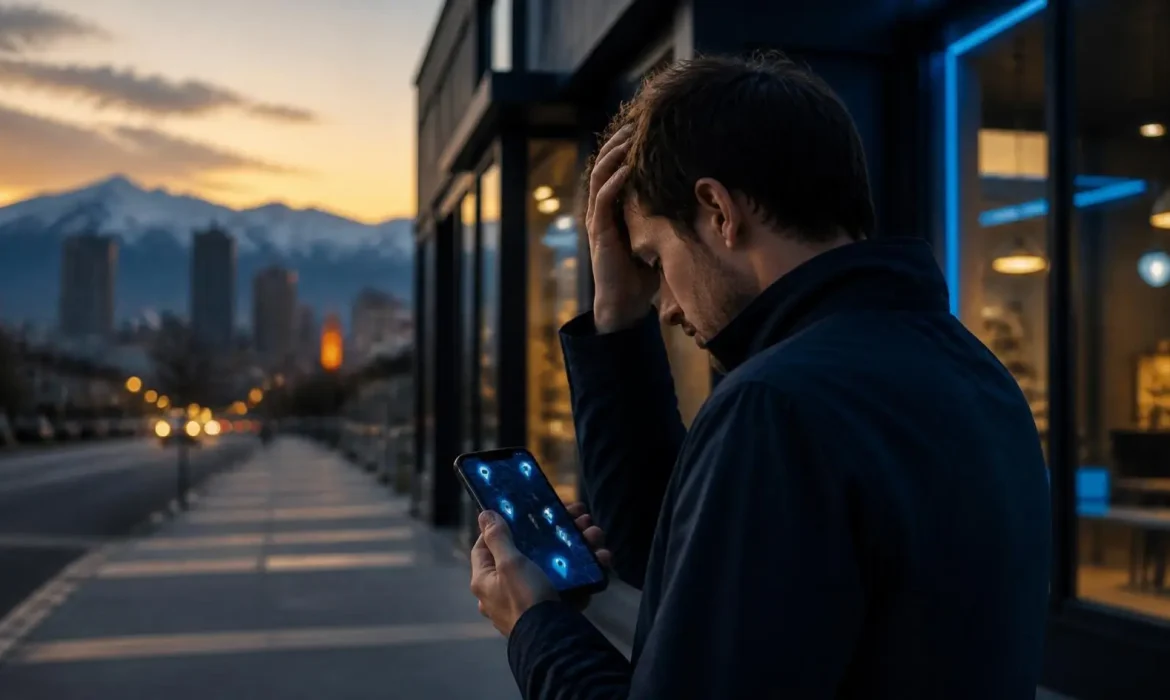 Business not showing on Google Maps: frustrated Denver shop owner checking local map results on his phone at dusk