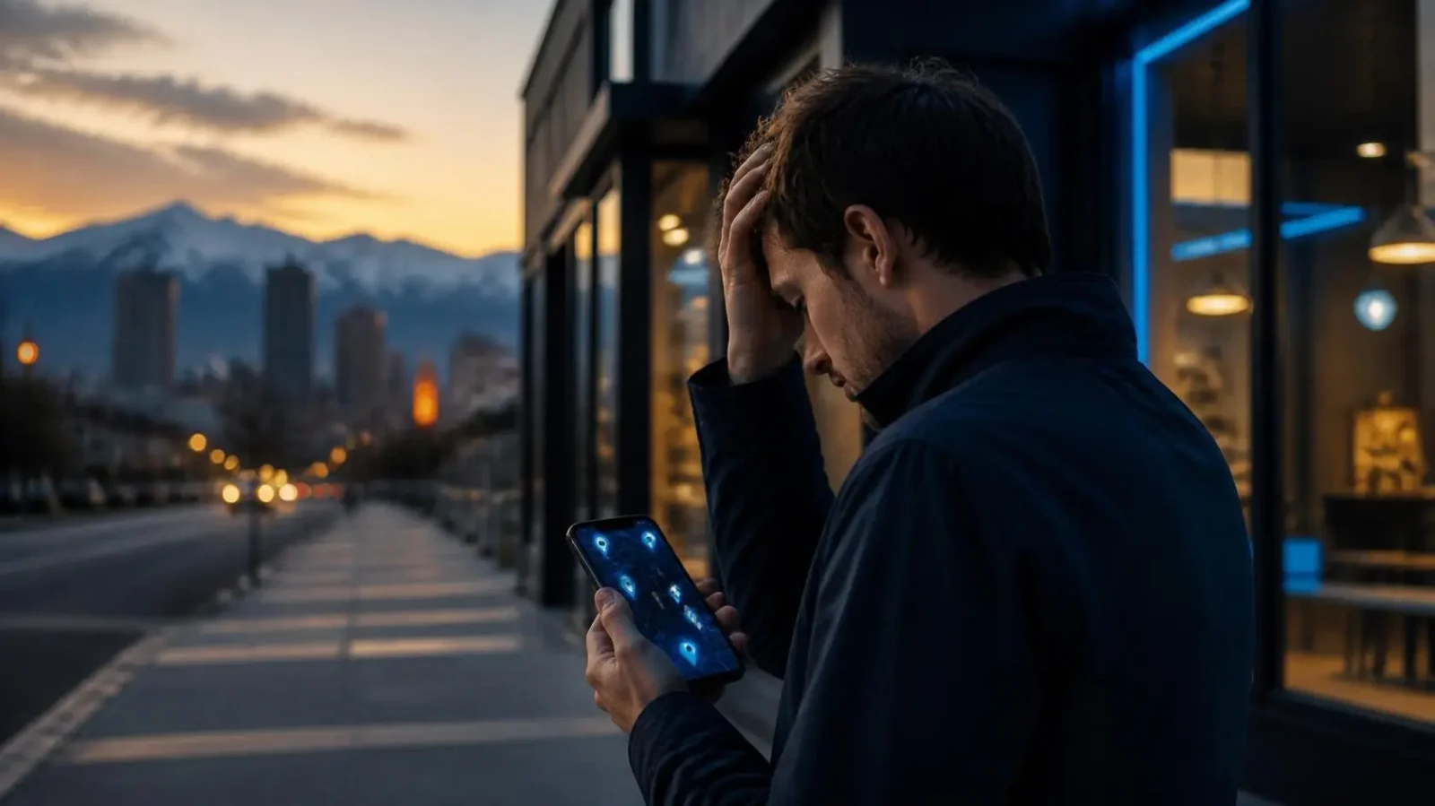 Business not showing on Google Maps: frustrated Denver shop owner checking local map results on his phone at dusk