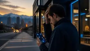width:1680.jpeg Business not showing on Google Maps: frustrated Denver shop owner checking local map results on his phone at dusk