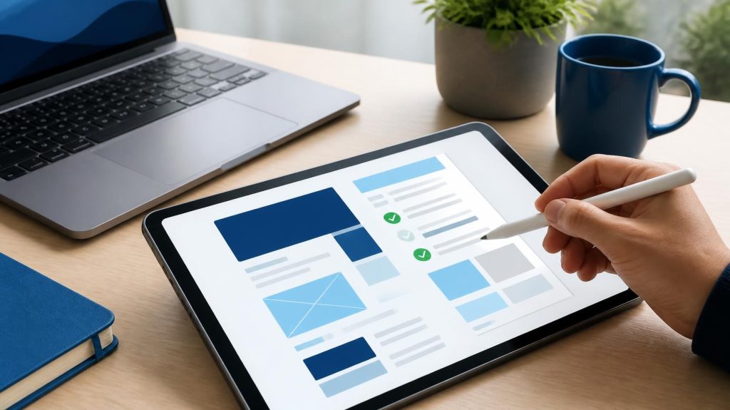 Website checklist for answer engine optimization shown on a tablet with completed page sections