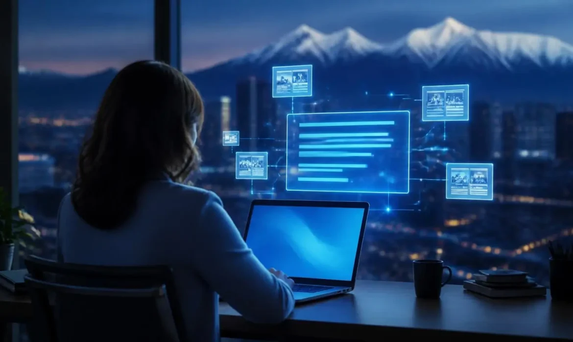 AI search optimization: Denver business owner at a laptop as an AI-generated answer pulls in supporting website sources